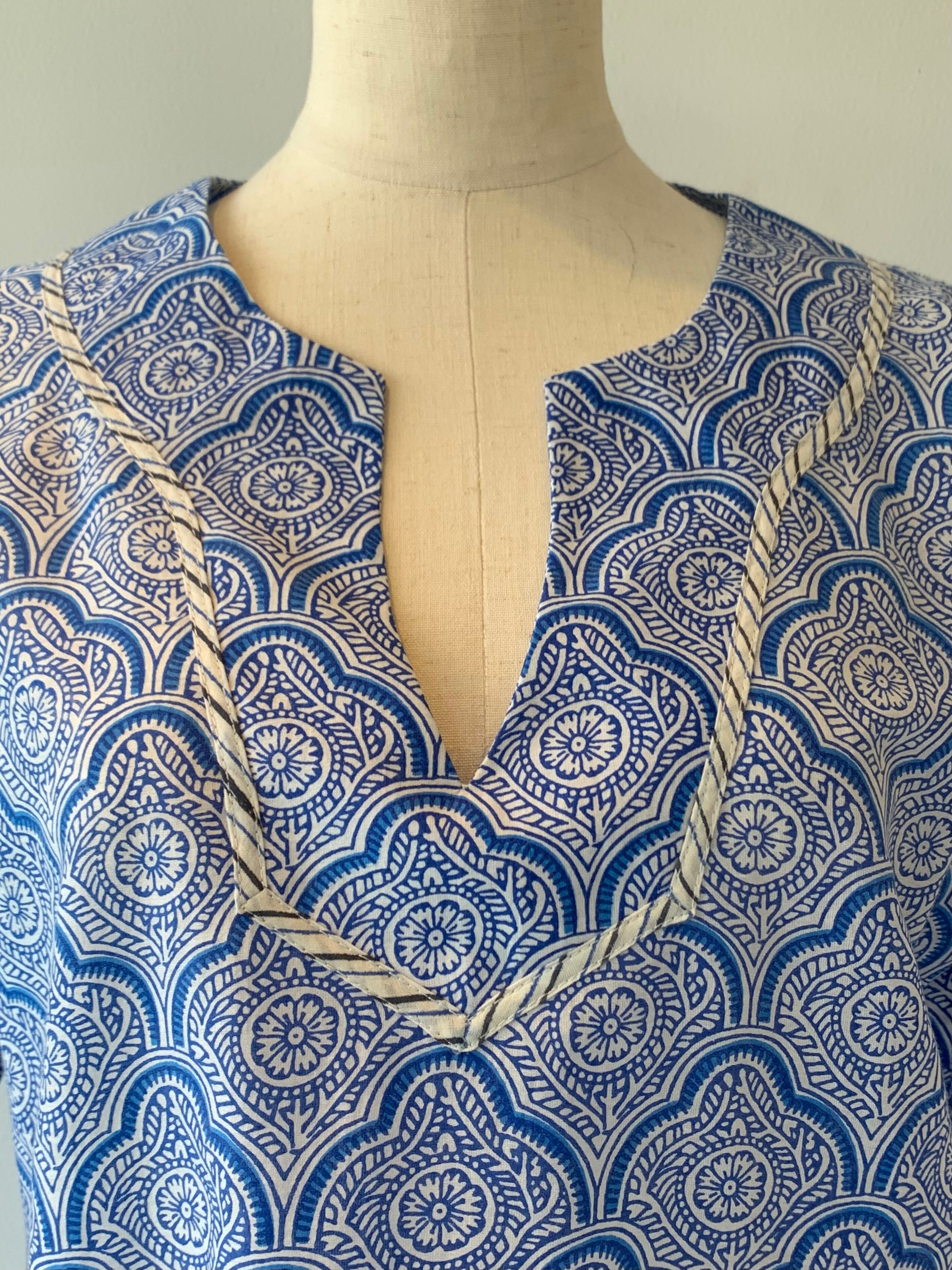 【XL完売】Sラスト1枚 人気のデザイン チェック ワンピース ブルー 綺麗 インド綿 ブロックプリント