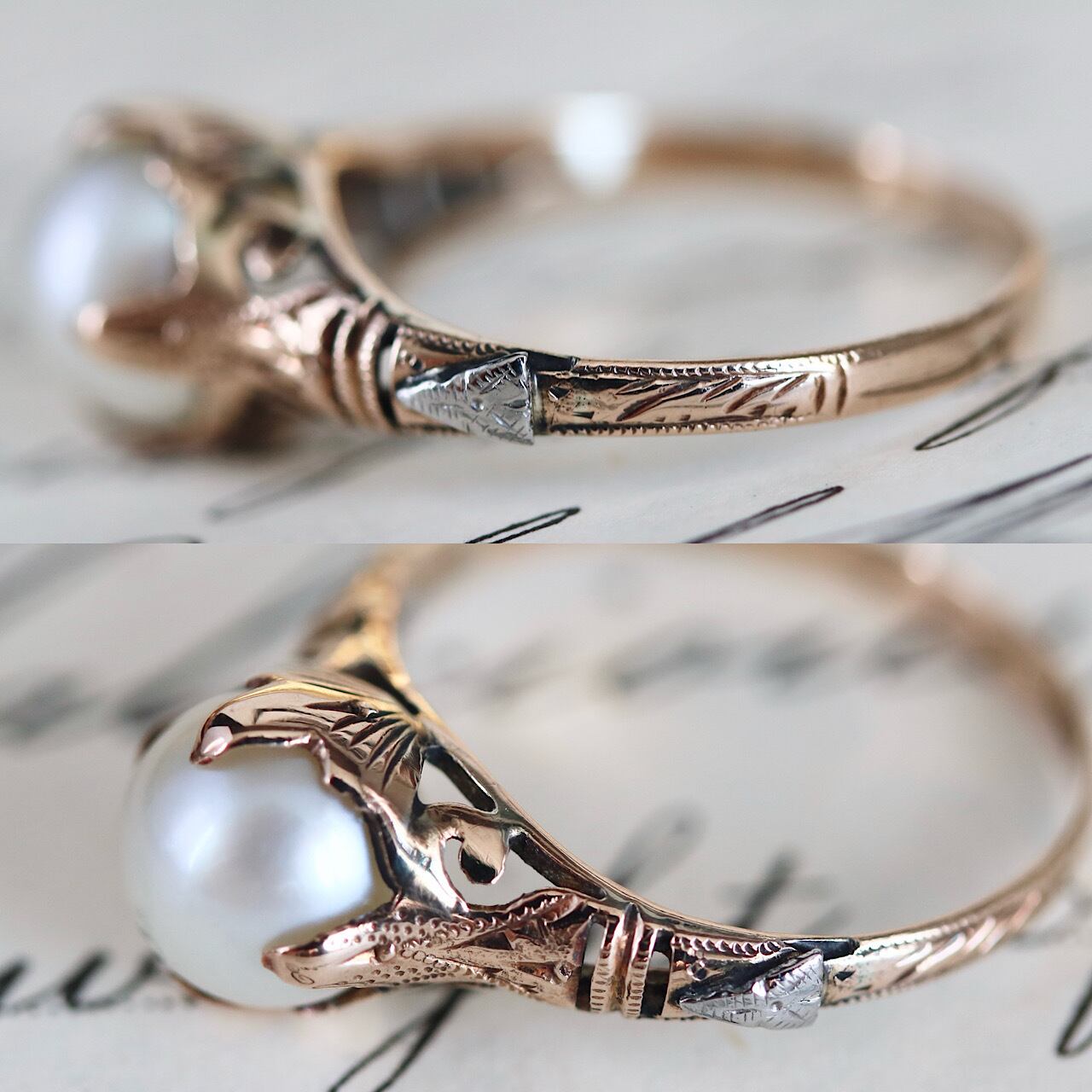 貴重】K18 一粒あこや真珠 二色金デザイン 和彫ヴィンテージリング