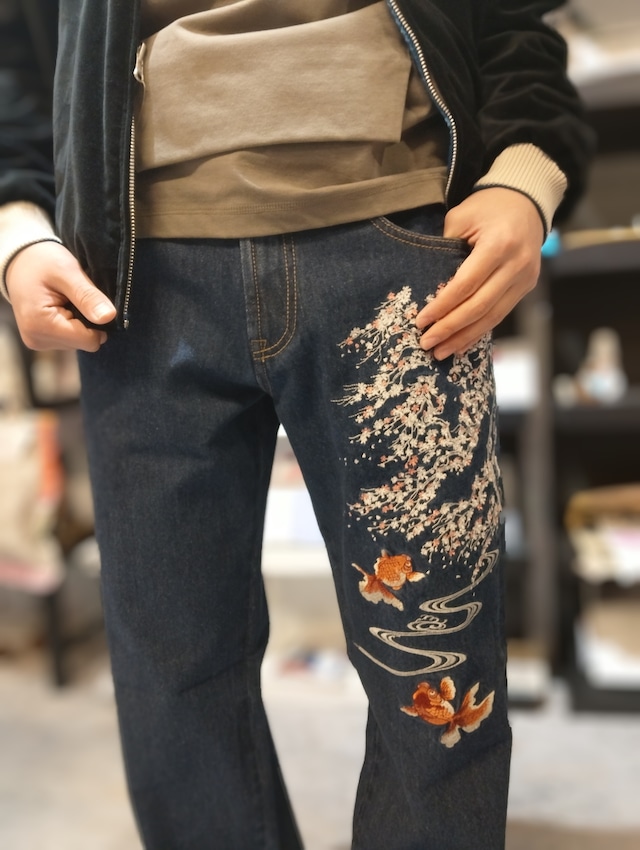 新入荷 新品  SP-002   桜金魚刺繍デニムパンツ  インディゴ  32/34/36/38/40/42 花旅楽団  SP-002