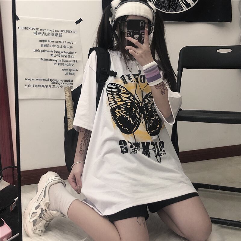スタイルロングサマーTシャツ シャツ Butterflyデザイン プリントルーズ かわいい 夏物 ケッペル74717119900