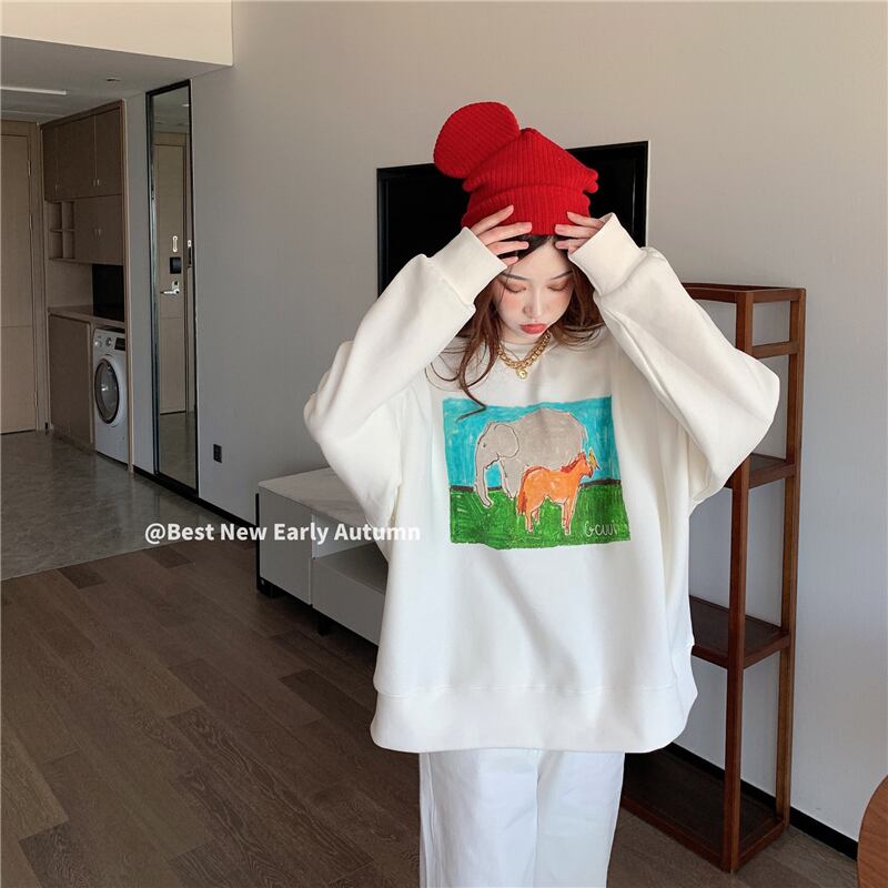 漫画プリントルーズホワイトプルオーバー長袖セーター女性2020年秋新インタイドオールマッチトップ ブラックストロベリース76656249663