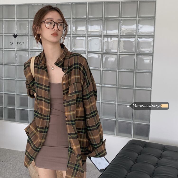 スタンダード格子柄シャツ オータム薄手ジャケット サマー ロング レトロ 夏物 秋物 モンロー28933961527