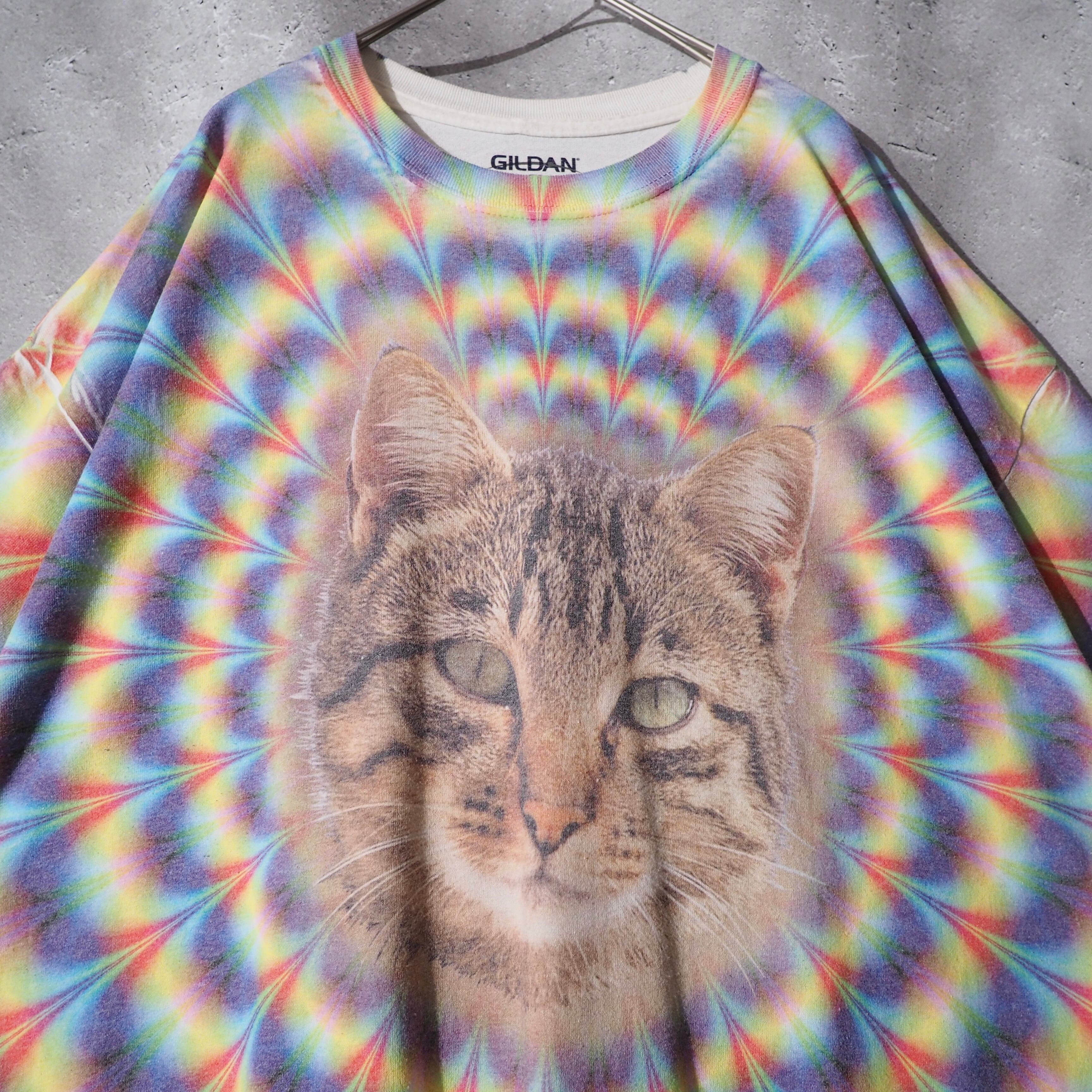 ” Psychedelic cat face ” photo printed loose Tee