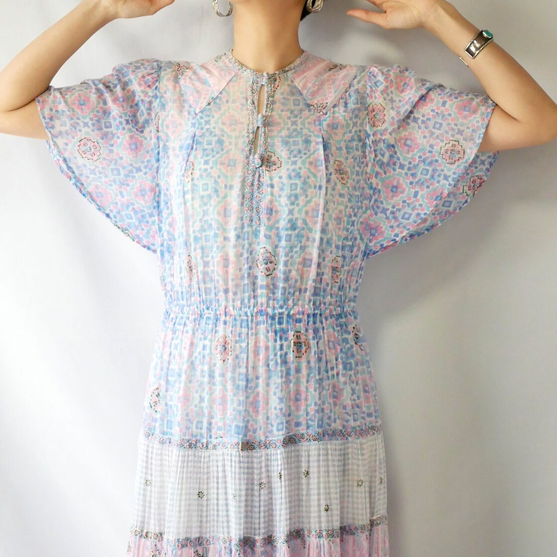 70s indian cotton pink blue onepiece ヴィンテージピンクブルー 