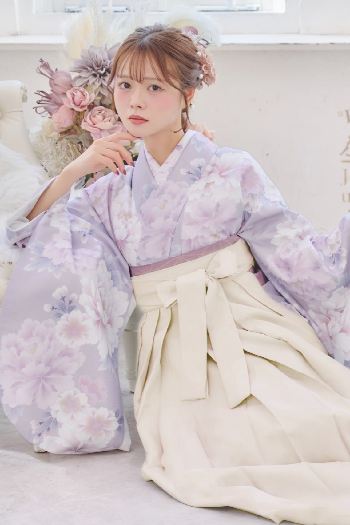 【袴4点set】淡紅藤色の牡丹重ねA6BWWH/IV/GR