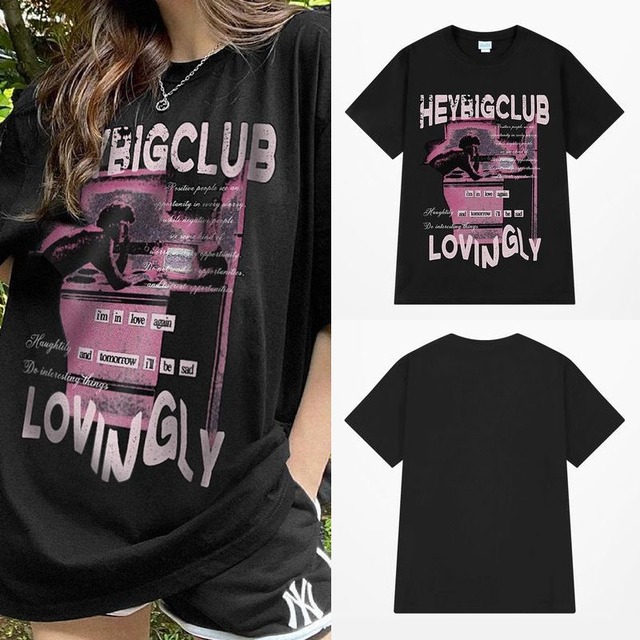 ユニセックス Tシャツ 半袖 オーバーサイズ プリント ルーズ ブラック カジュアル 韓国ファッション メンズ レディース ストリート系ファッション TBN-737309648020