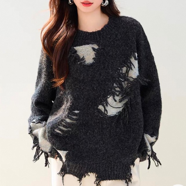 ダメージ加工 長袖 レギュラーサイズ ニット　SA10124