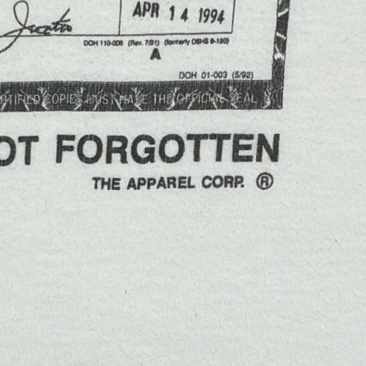 NIRVANA 'KURT COBAIN DEATH CERTIFICATE' FRUIT OF THE LOOM XL 9