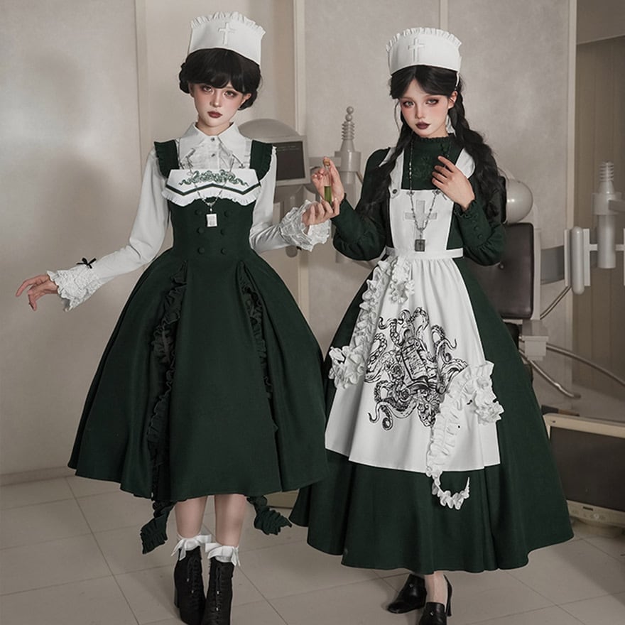 サブカル 天使と悪魔 ナース ゴスロリコスチューム 6点セット ジャンパースカート 刺繍 エプロン ナース帽 PUJI