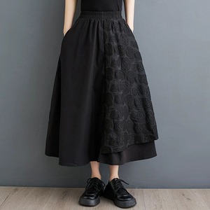BLACK ELASTIC WAIST LAYERED STITCH DESIGN MIDI SKIRT 1color M-16465