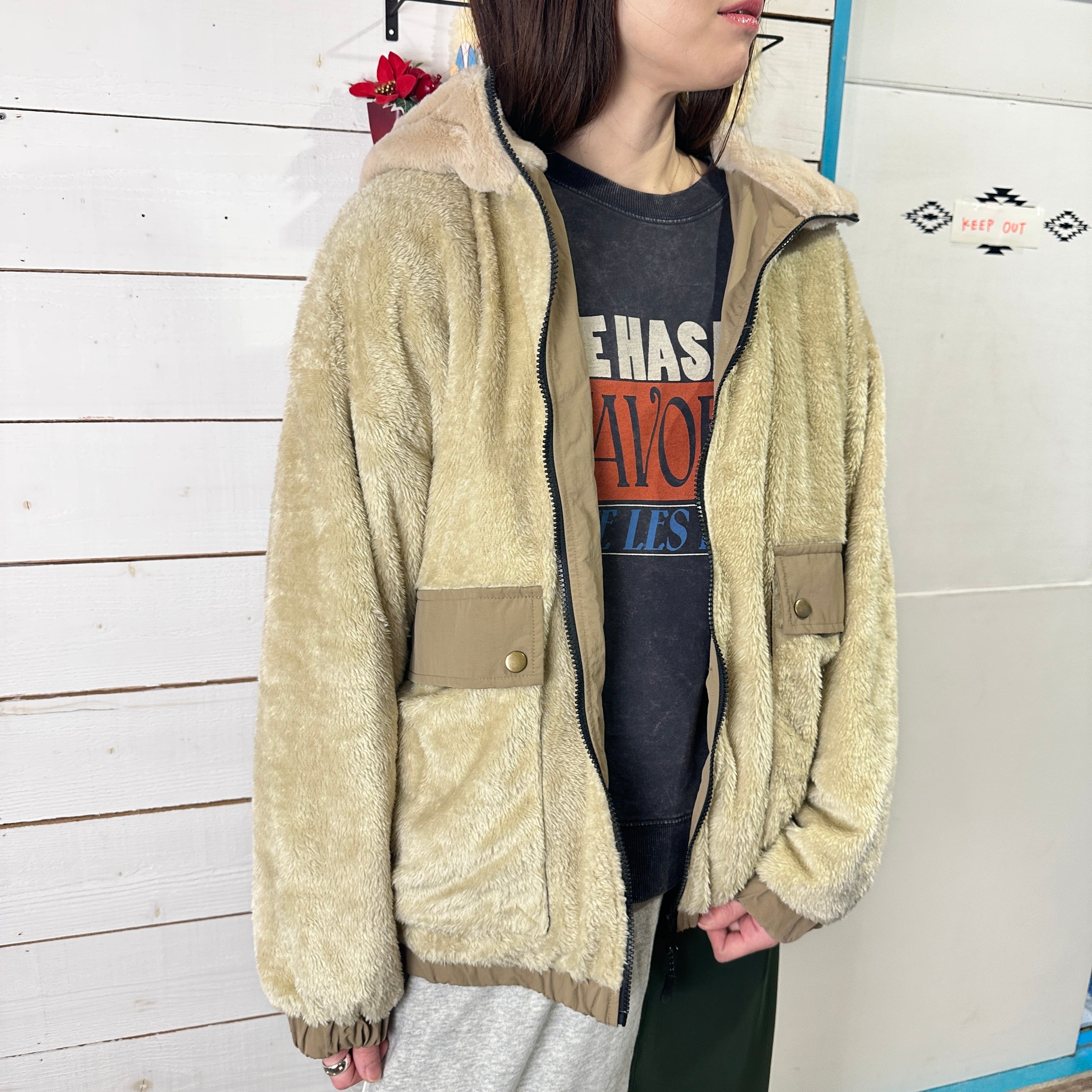 フードファー配色リバーシブルブルゾン　345　撥水ナイロンリバーシブル　フリーサイズ　ゆったりサイズ