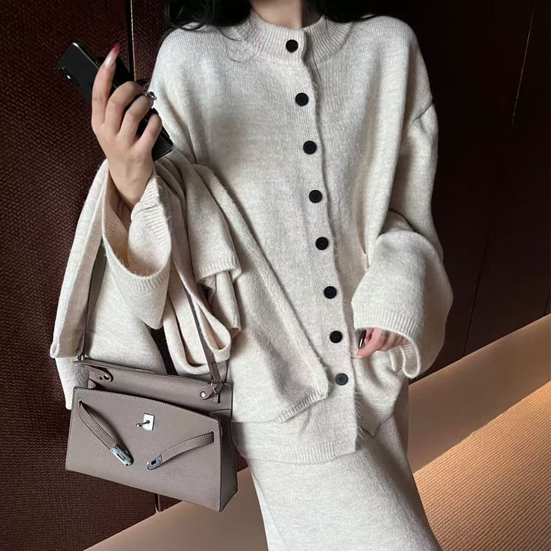 【set】マフラー×カーディガン×スカート3点セット Q6594