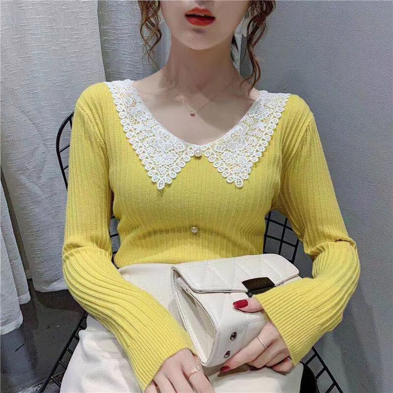 レースネックリブニット