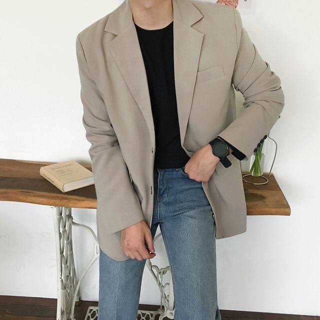 【予約販売】テーラードジャケット 無地 アウター メンズ ブラック ベージュ シック 通勤 カジュアル こなれ感 お洒落 韓国トレンド 大きいサイズ M/L/XL/2XL