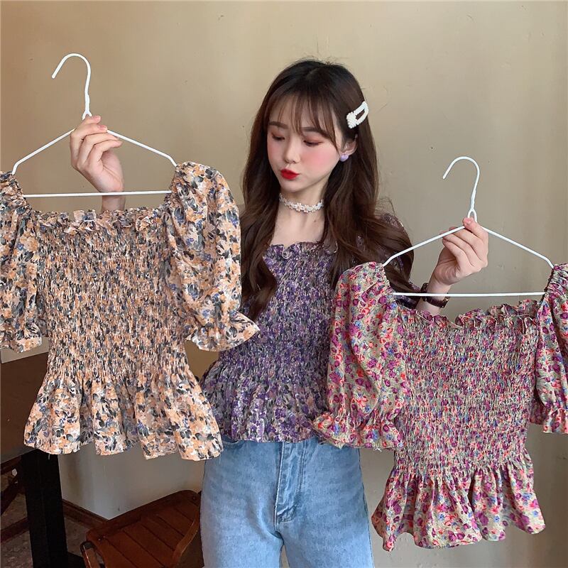 2020年夏の新しいスクエアカラーシャツ女性露出鎖骨デザインニッチシャツフローラルバブル半袖トップ 1号婦人85089435228