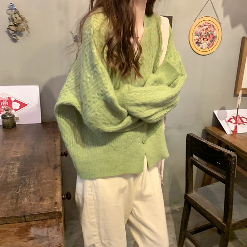 薄手Vネックセーター カーディガンジャケット レディーススプリングオータムルーズグリーン 春物 秋物 スーパーモール59447062237