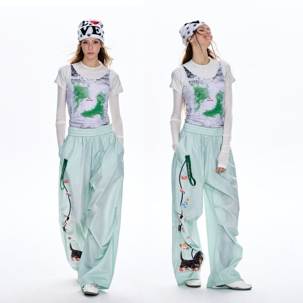 【3点おまとめ専用】ピンク ソックス.萌ジャンパースカート.ワイドパンツ お散歩ダックスが迷いこんだキャンディ街道ワイドパンツ E00669 | EMMA レッグウェア
