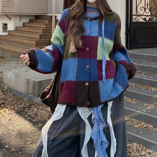 パッチワークチェック柄ニットカーデ ・9468