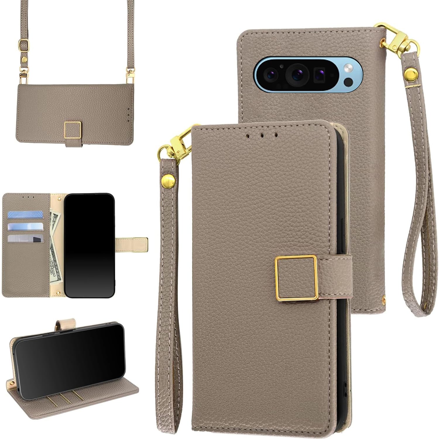 for Google Pixel 10/10 Pro ケース 手帳型 ショルダー for グーグル ピクセル10プロ 財布型 カバー ストラップ長+短2本付き 肩掛け 斜めがけ 女性 おしゃれ ロングストラップ カード収納 横置き 上質な手触り 耐汚れ気質 肌感レザー 防指紋 耐久性 贈り物 グレー
