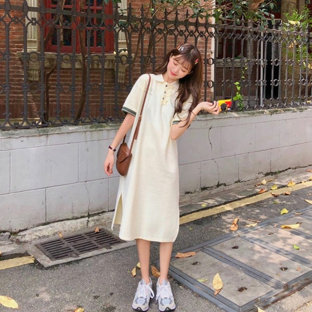 【送料無料】 ワンピース 春夏 春服 夏服 カジュアル 韓国 膝丈 フリル ワンピース ポロシャツ スリット スリム オレンジ アプリコット かわいい デート OP-248KJ