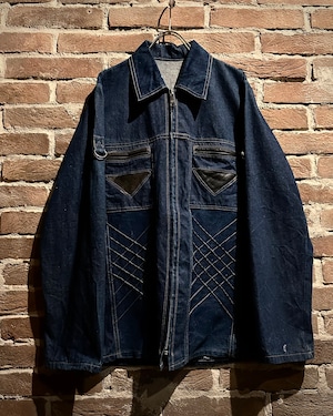 【Caka act3】Leather Swiching Vintage Zip Up Denim Jacket