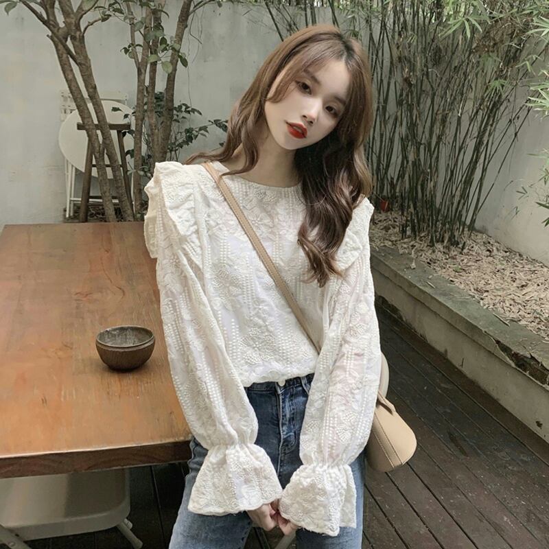 ホワイトレースシャツ スプリングオータムスタイル ロング 春物 秋物 試着室95406446182