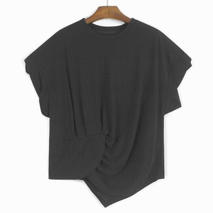 ASYMMETRIC HEM RUFFLED SLEEVE SOLID T-SHIRT M-17350