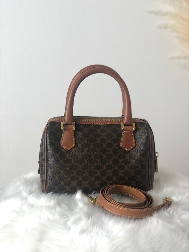 CELINE セリーヌ マカダム PVC レザー 2WAY ショルダーバッグ ミニボストン ハンドバッグ ブラウン vintage ヴィンテージ オールド cwhfnd