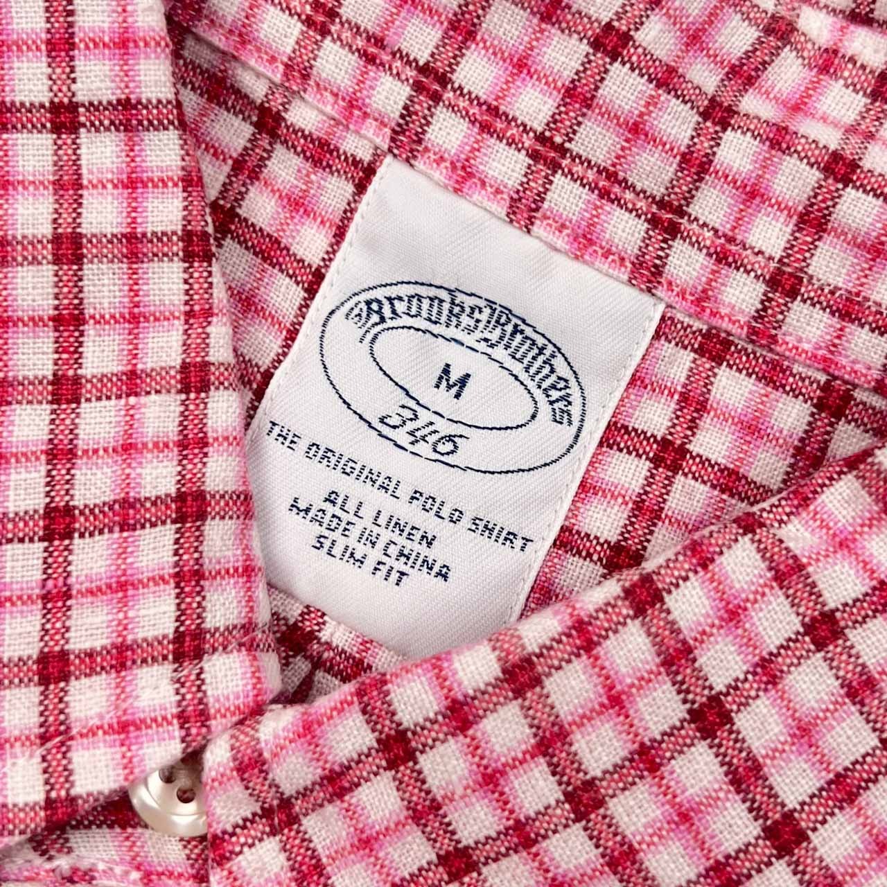 リネン100% Brooks Brothers 346 ブルックスブラザーズ SLIM FIT チェック BD ボタンダウン 半袖シャツ M/ピンク系 メンズ