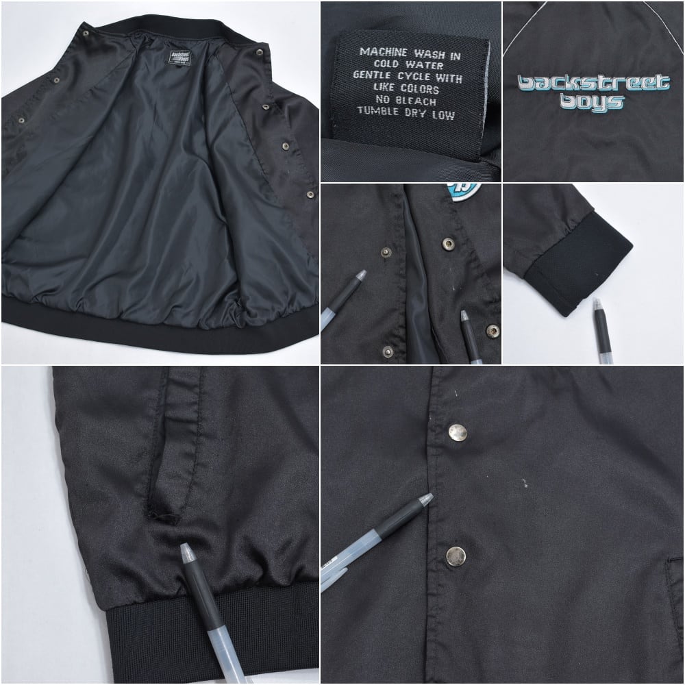 90s～ back street boys バックストリートボーイズ 刺繍入りデザイン 無地 スタジャン ジャケット サテン ブルゾン ヴィンテージ ブラック BSB バックス バンド ビンテージ 古着 メンズSサイズ 90s～ back street boys バックストリートボーイズ 刺繍入りデザイン