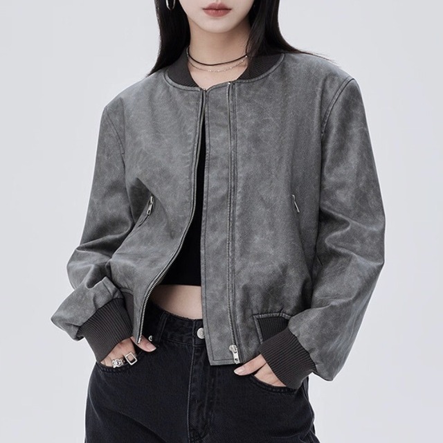Washed texture rib bomber jacket C1416