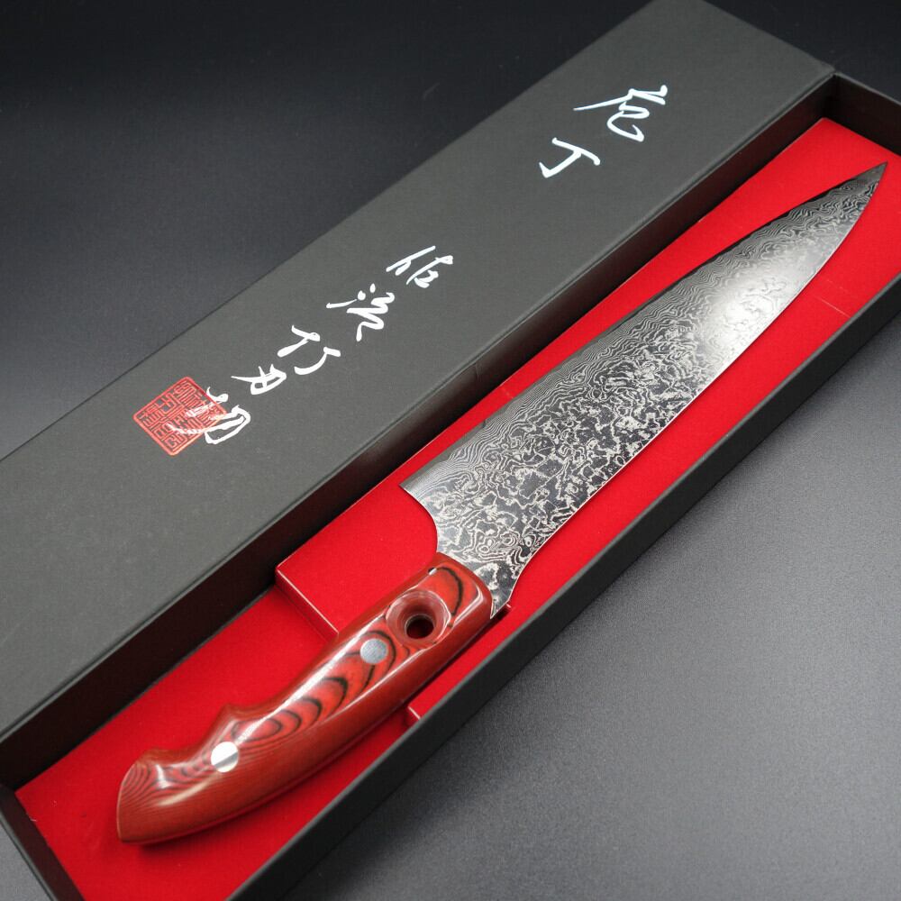 佐治作 包丁 牛刀 210mm VG10 ダマスカス 赤黒マイカルタハンドル