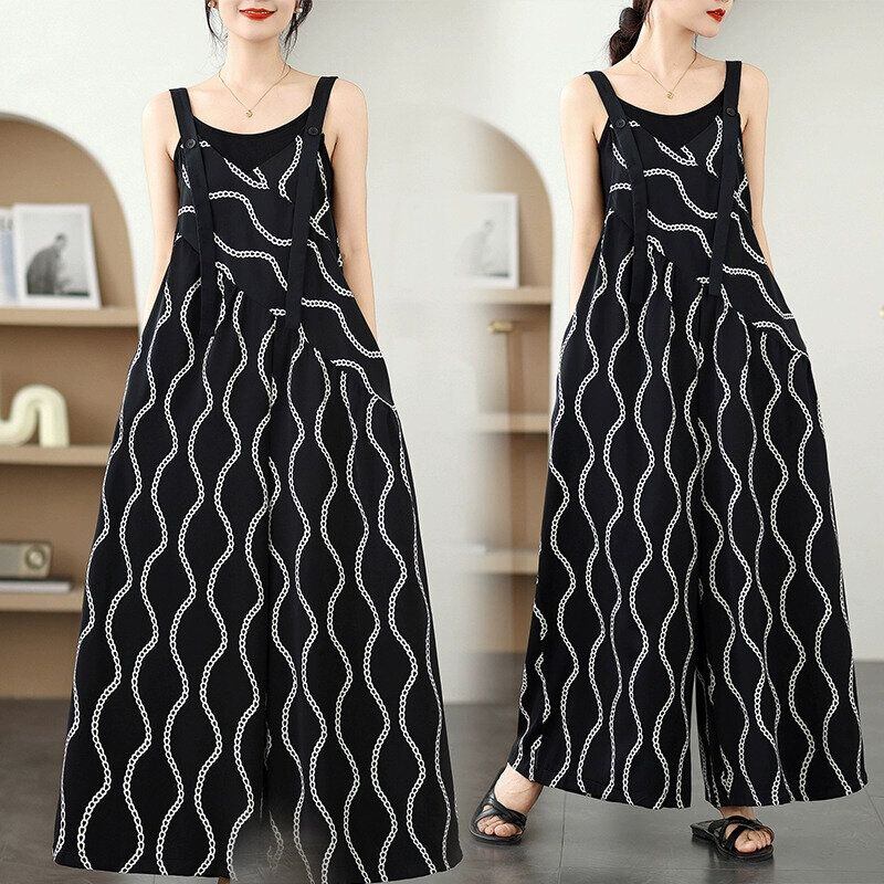 CHAIN STRIPE A-LINE WIDE LEG STRAP JUMPSUIT 1color M-14195