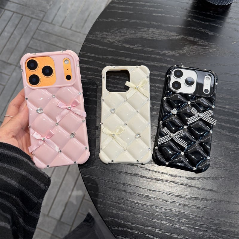 キルティング リボン iPhoneケース TPU ラインストーン ワンホン 韓国