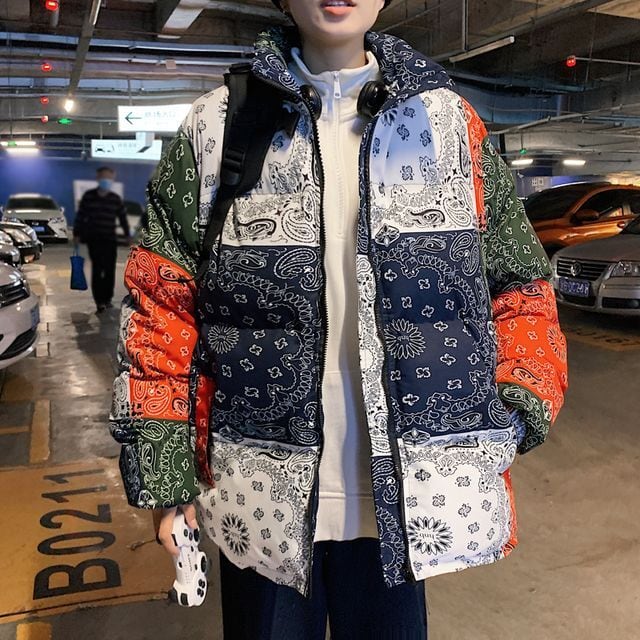 【予約販売】ペイズリー柄ダウンコート ジャケット メンズ バンダナ柄 厚手 アウトドア 中綿 防寒 お洒落 カジュアル 秋冬 暖かい 大きいサイズ M/L/XL/2XL/3XL/4XL/5XL