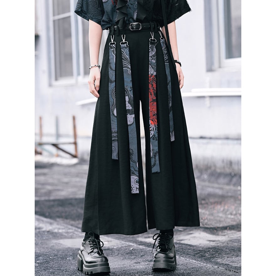 中華ゴシック 柄切替ワイドパンツ 黒レイヤード風ゆるボトムス袴風