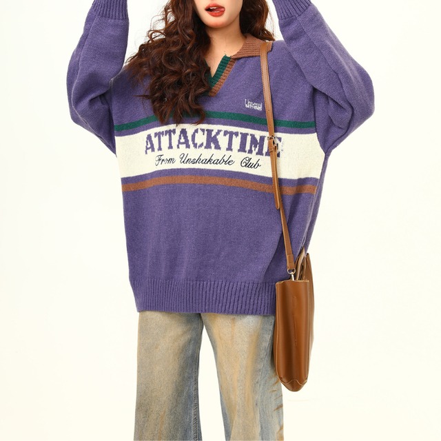 ロゴ 長袖 オーバーサイズ ニットポロシャツ ◆2col L00175