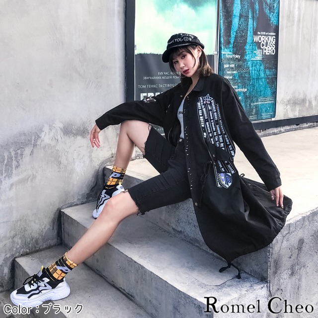 お支払い確認後日以内発送 Romelcheo スタッズ ワッペン ミリタリー コート モッズ 鋲 ワッペン 迷彩柄 黒 カモフラージュ プリント レディース アーミー フィールド ジャケット ロング 長袖 アメカジ 秋冬 アウター ストリート系 かっこいい パンク カジュアル