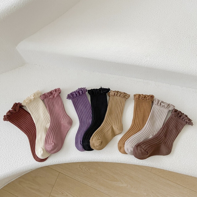 【即納】レースがかわいいくすみカラーのクルーソックス 3足セット