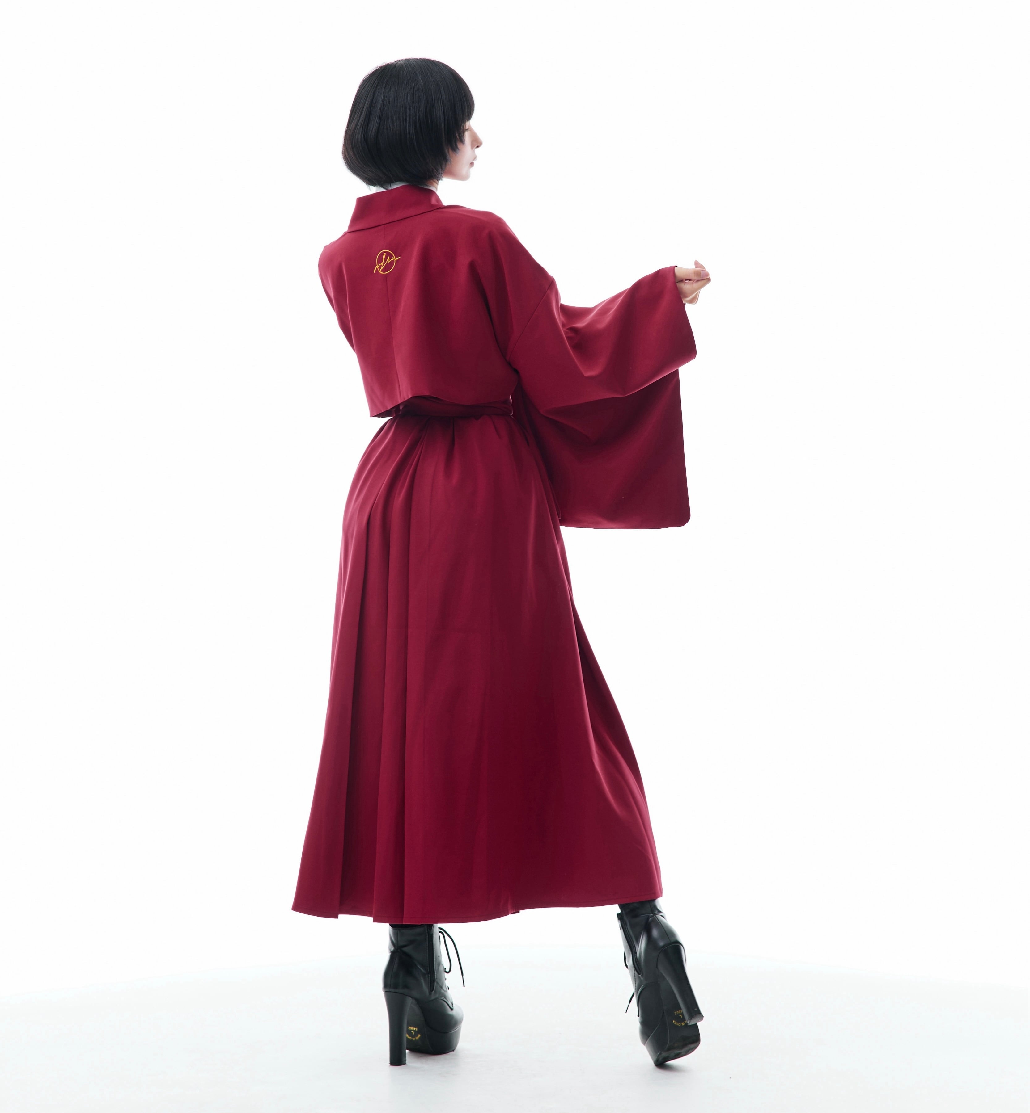 着物リメイク ショート丈コート 真っ赤 丸花 アンティーク銘仙 作務衣コート 着物リメイクレトロ 昭和 大正ロマン