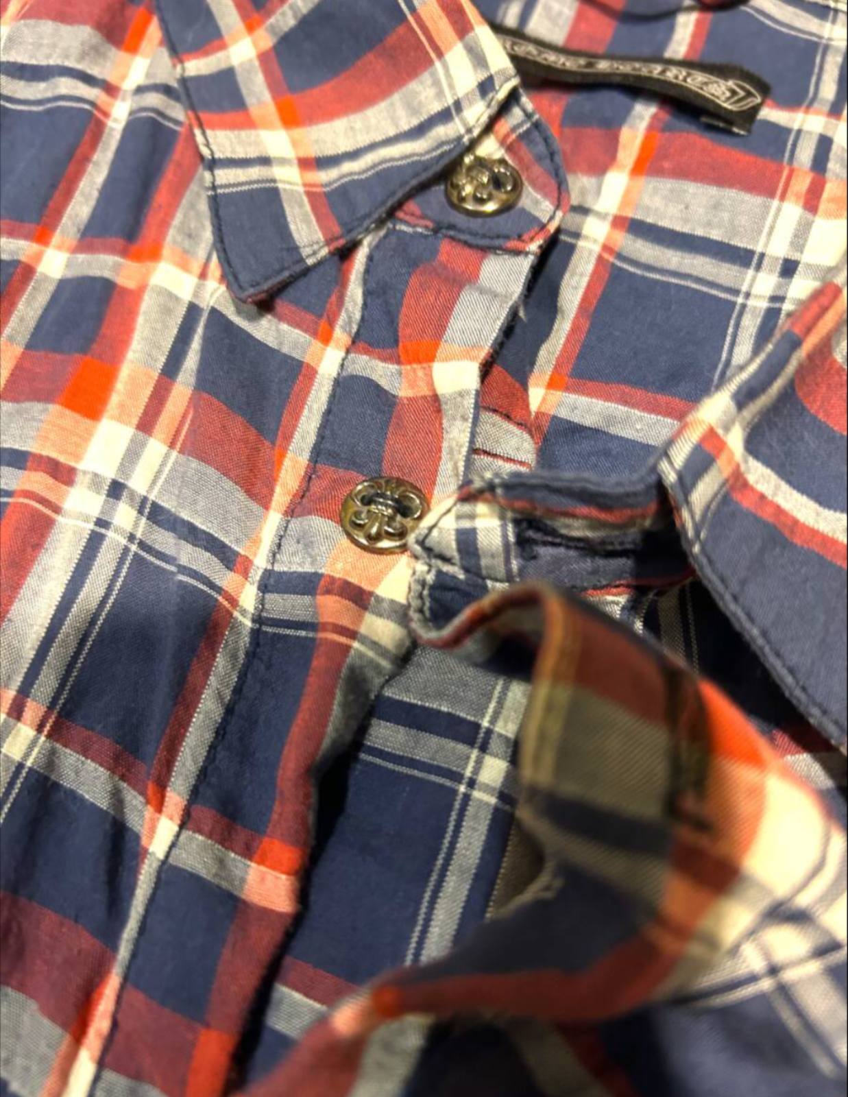CHROME HEARTS クロムハーツ チェックシャツ CHクロスパッチ レザー CH