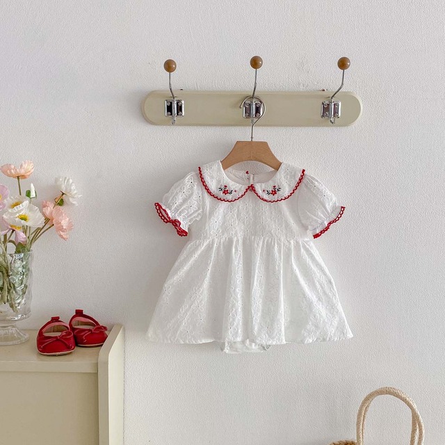 【BABY】フラワー刺繍丸襟半袖ロンパースワンピース - 7