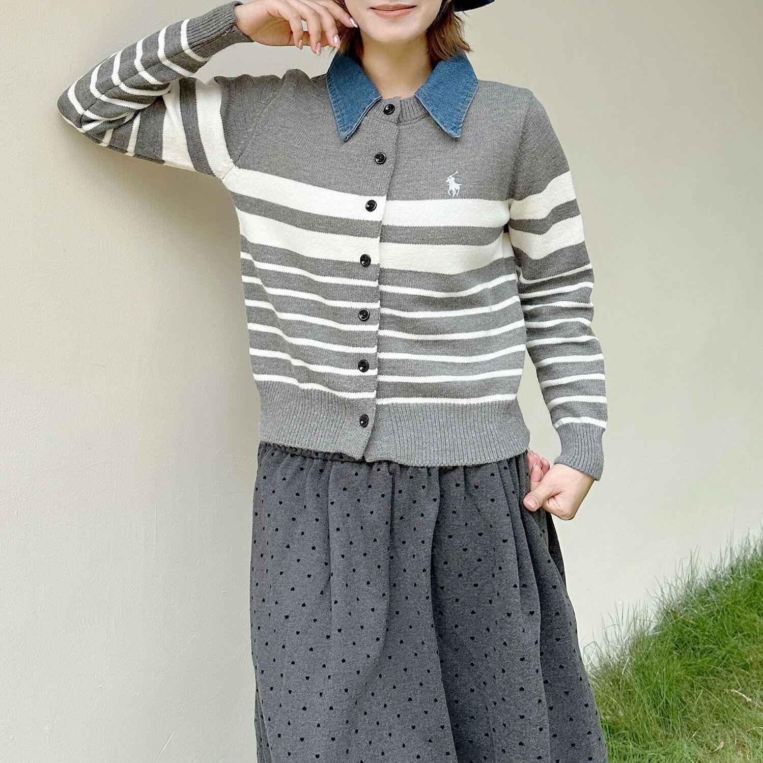 COLLAR STRIPED KNIT CARDIGAN OUTER M-18480