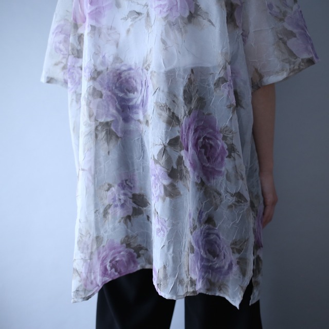 flower art pattern wrinkle fabric h/s see-through shirt