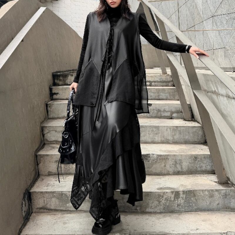 リボンタイ 腰丈 ノースリーブ ベスト 1color PU0492