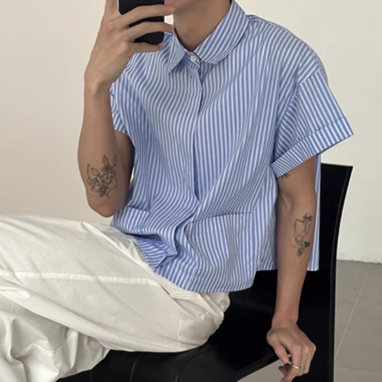 ポケットストライプショート半袖シャツ　0796