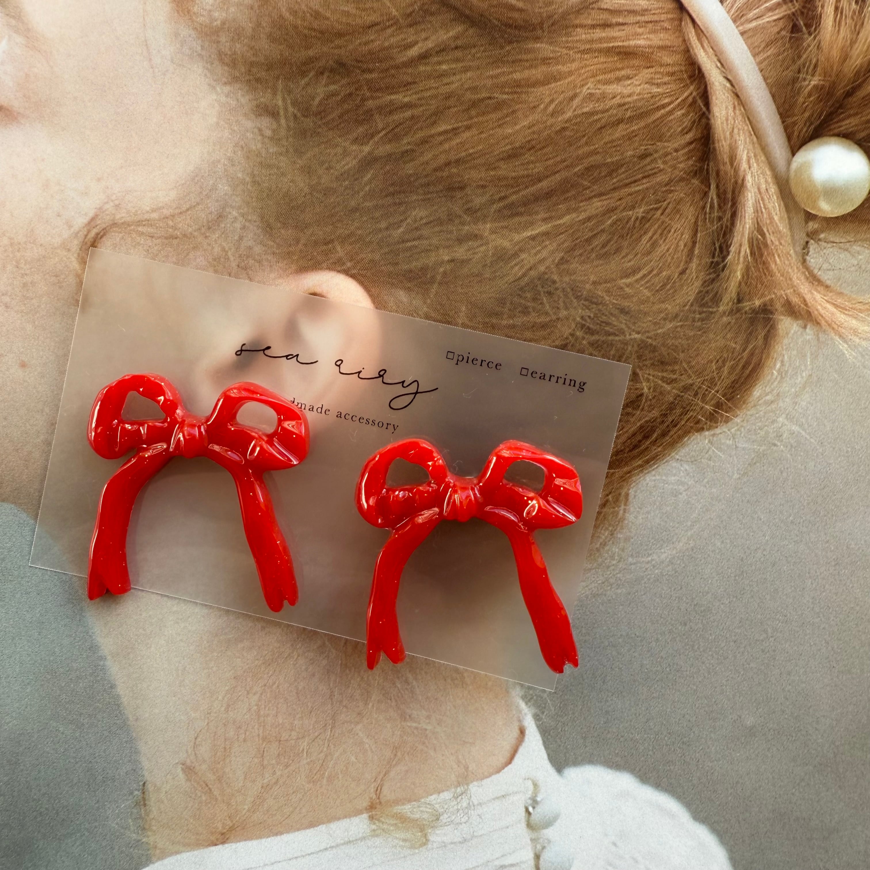 no.906 リボンピアス ribbon あかいろ red リボンアクセサリー レジン
