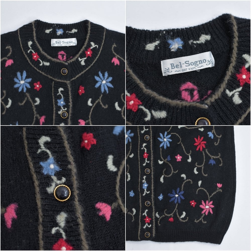 ♀*♂様 ビンテージ ニット カーディガン 古着 ハンドメイド 刺繍 個性 派手 80～90s Bel-Sogno お花 総刺繍デザイン ウールニットカーディガン