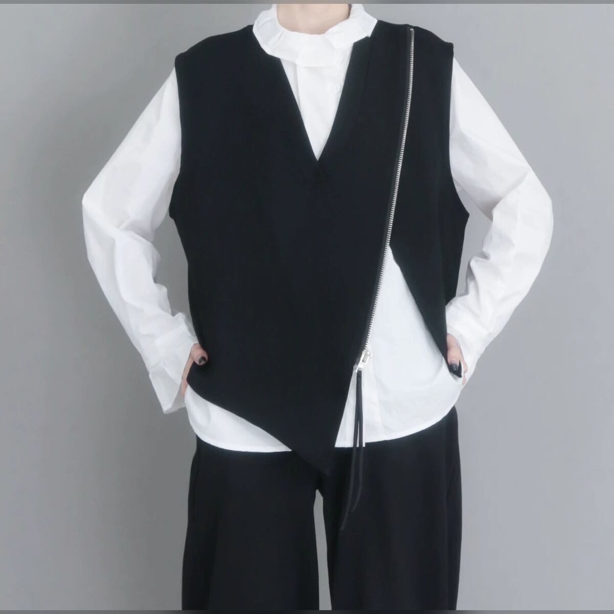 アシンメトリー ジップデザイン Vネック ベスト 1color JK0363