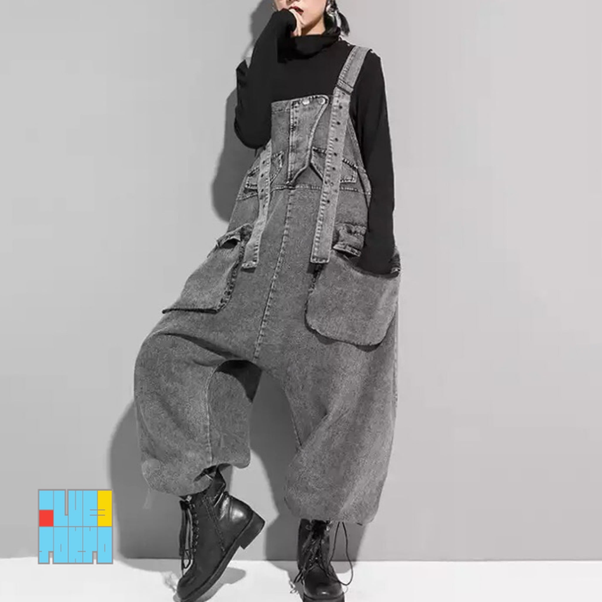 デニムオーバーオール グレー 】oversized denim overalls all-in-one